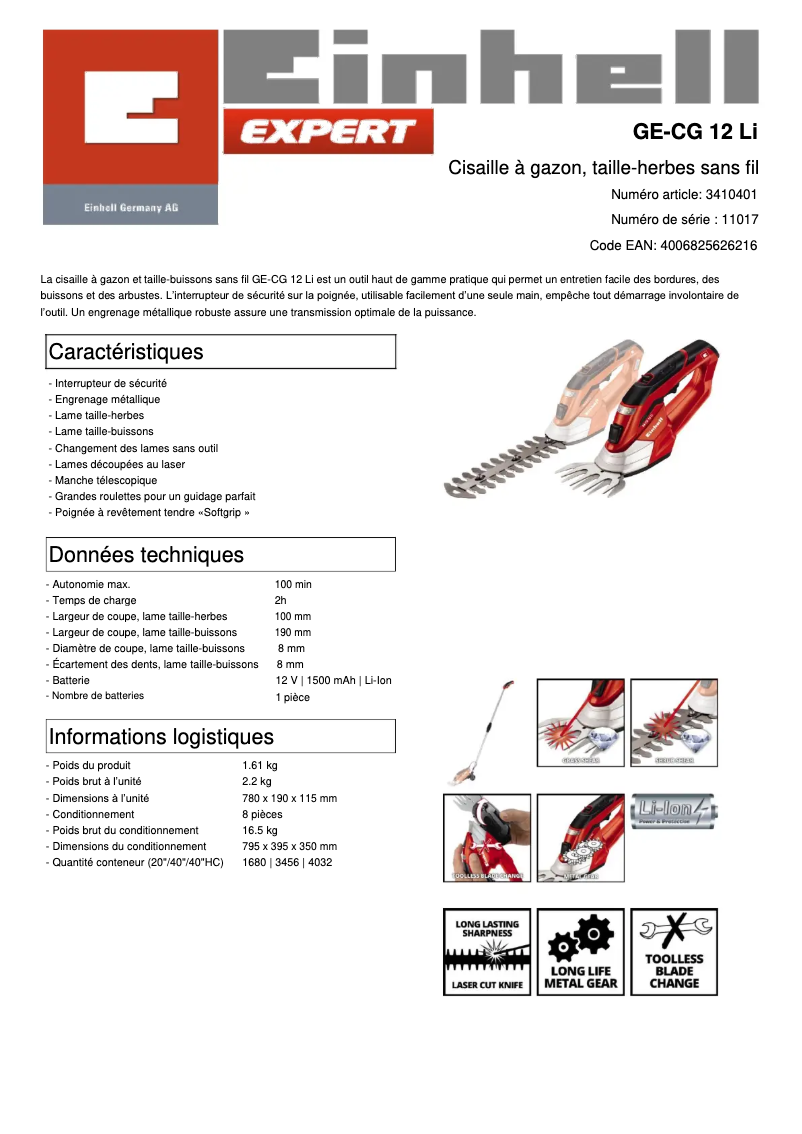 Page n°1 - Fiche technique Einhell GE-CG 12 Li