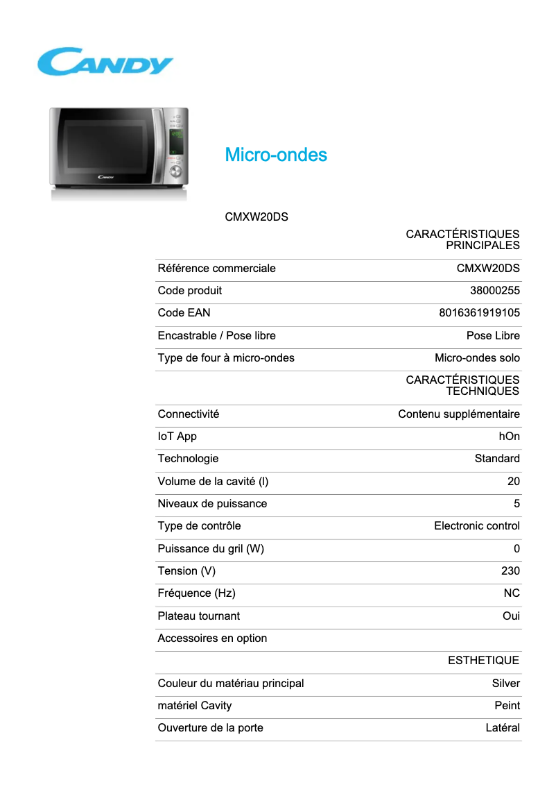 Image de la première page du manuel de l'appareil CMXW20DS