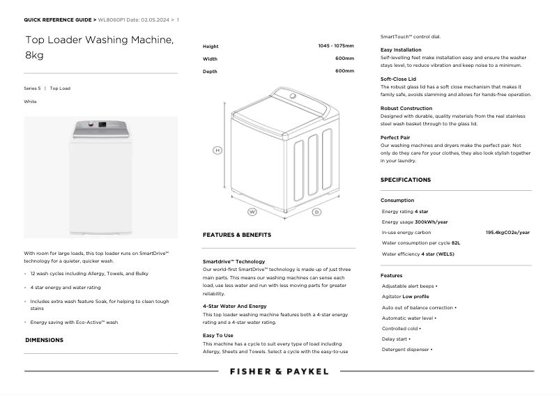 Page n°1 - Manuel utilisateur Fisher & Paykel WL8060P1