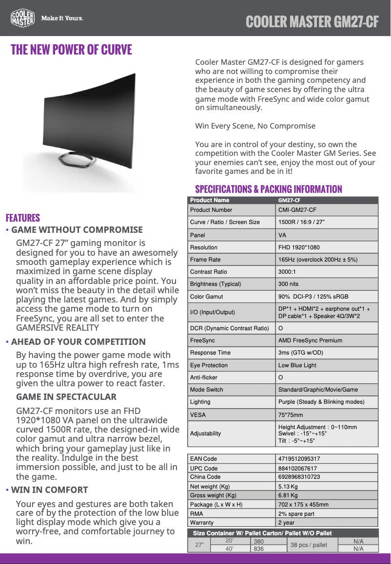 Page n°1 - Fiche technique Cooler Master GM27-CF