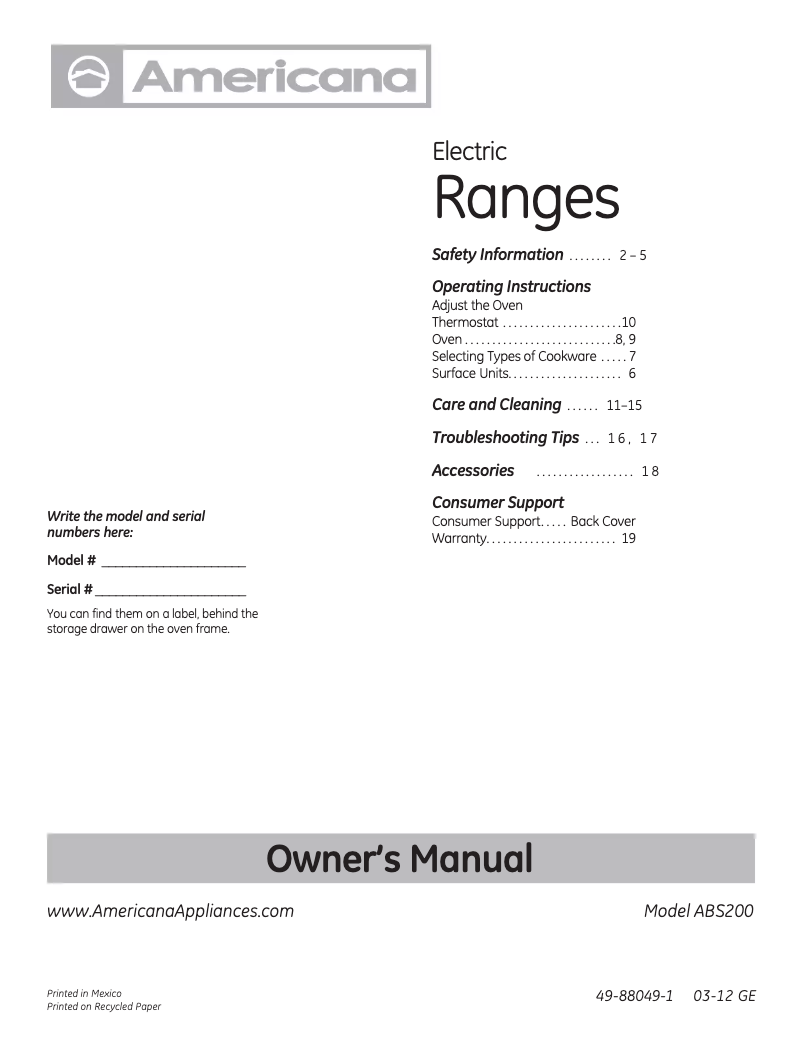 Page n°1 - Manuel d'utilisation et d'entretien Americana ABS200PWW
