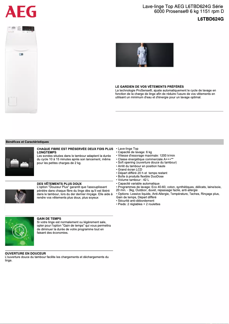 Página 1 del manual Ficha técnica AEG L6TBD624G