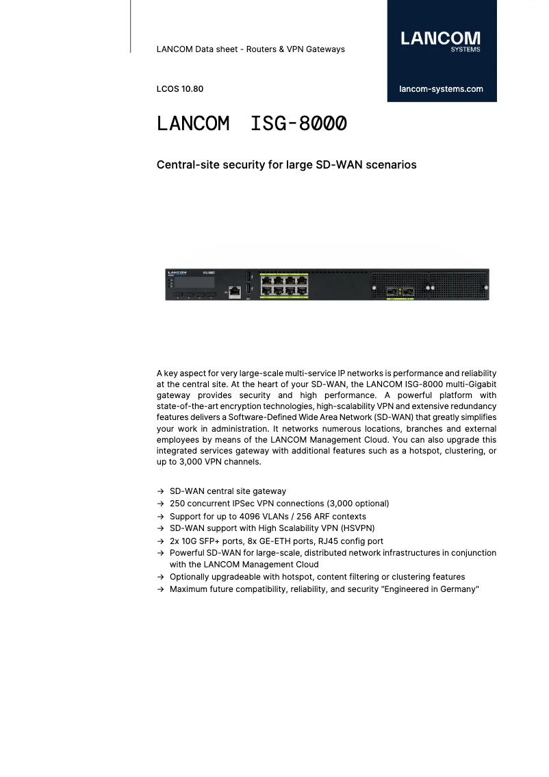 Page 1 de la notice Fiche technique Lancom ISG-8000