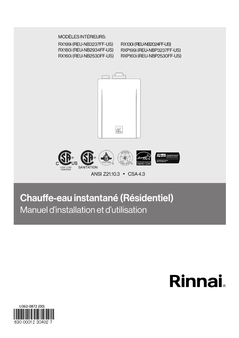 Page 1 de la notice Guide d'installation Rinnai RX130iN