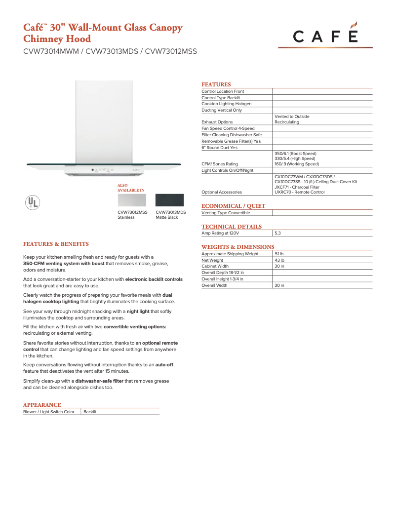 Page 1 de la notice Fiche technique GE CVW73013MDS
