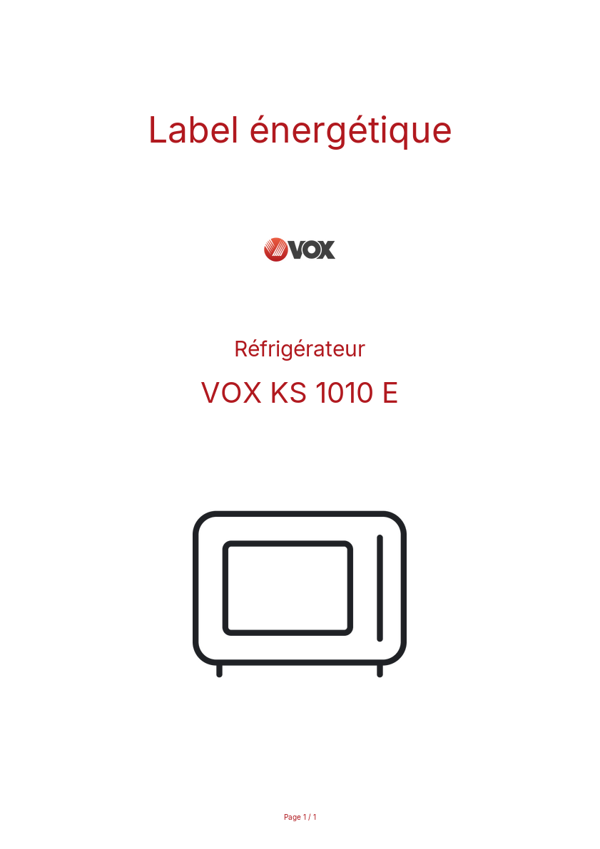 Page n°1 - Label énergétique VOX KS 1010 E