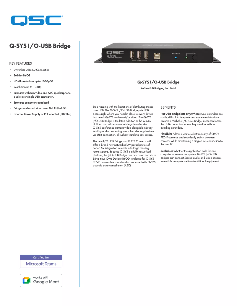 Page 1 de la notice Fiche technique QSC I/O-USB Bridge