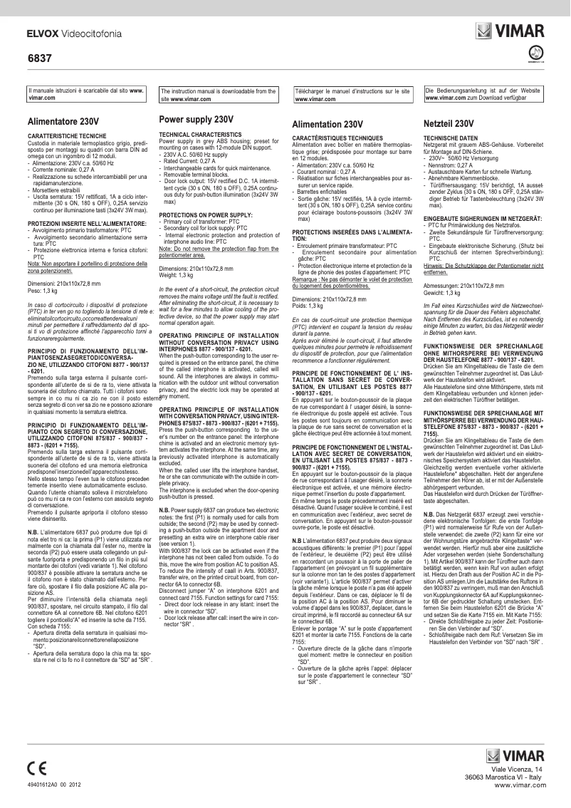 Page 1 de la notice Instructions / montage Vimar ELVOX 6837