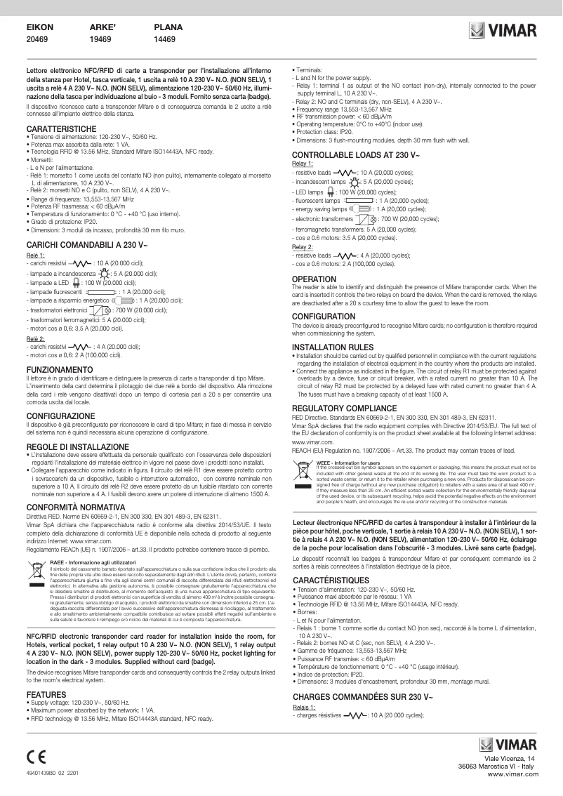 Page 1 de la notice Manuel utilisateur Vimar 20469.B