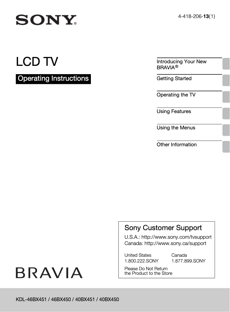 Page 1 de la notice Manuel utilisateur Sony Bravia KDL-46BX451