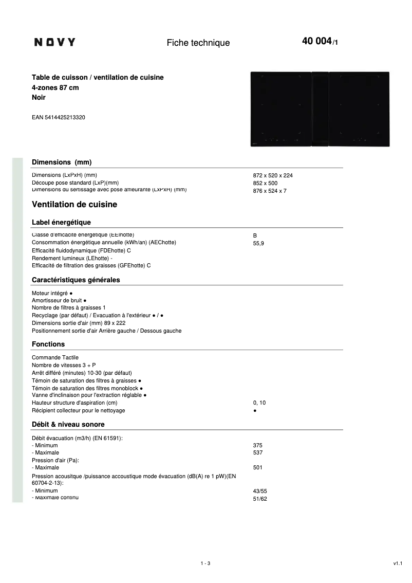 Page 1 de la notice Fiche technique Novy Up Power 40004
