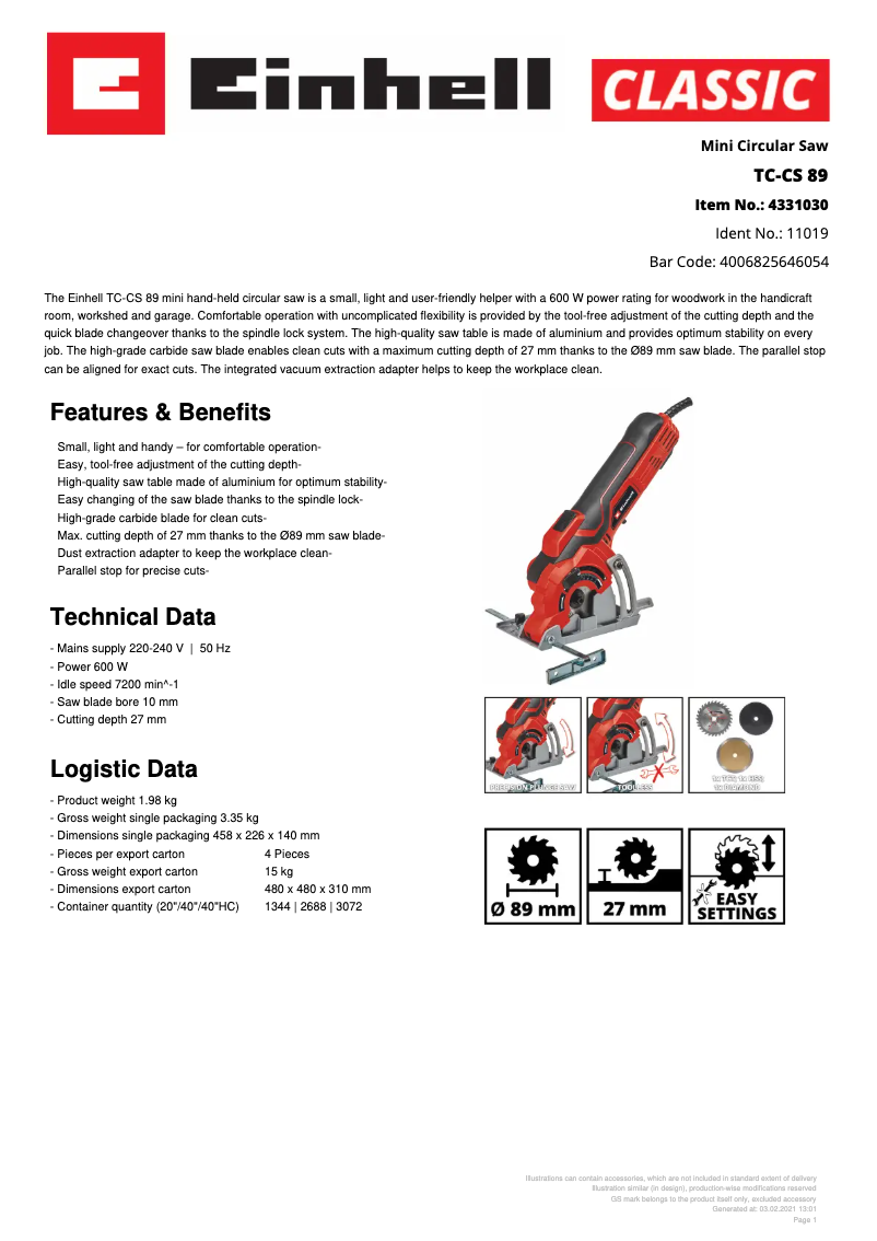 Page n°1 - Fiche technique Einhell TC-CS 89