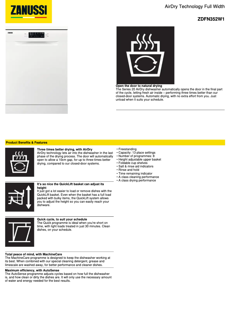Page 1 de la notice Fiche technique Zanussi ZDFN352W1