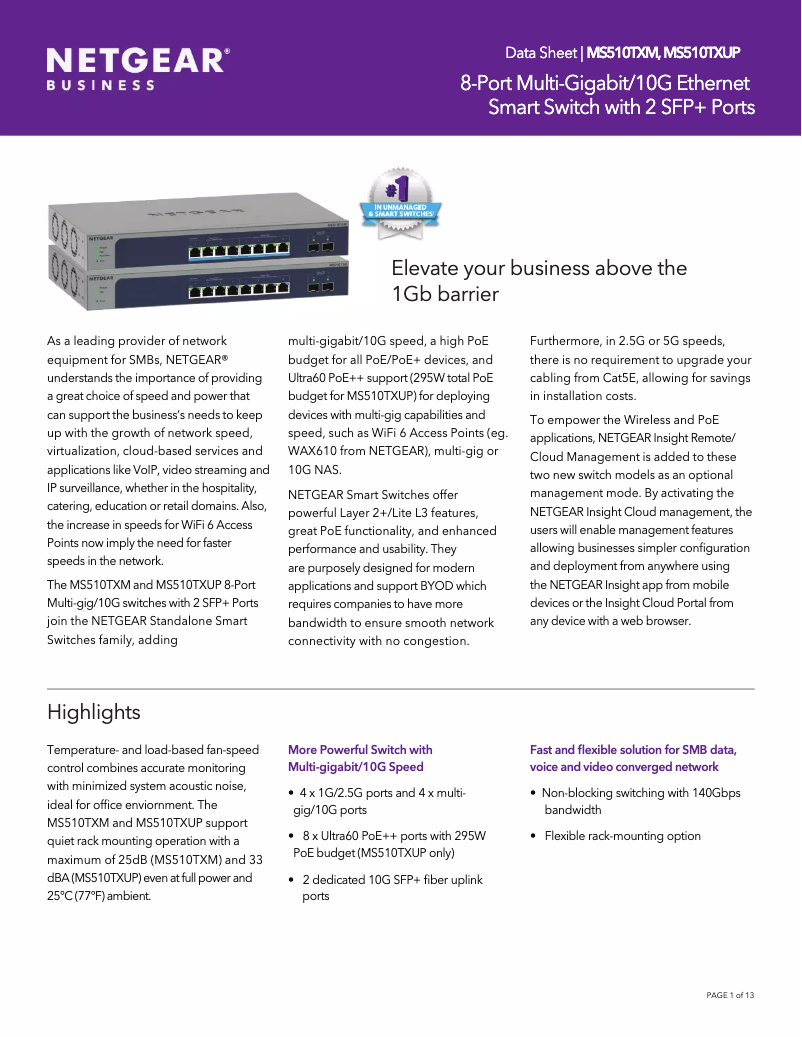 Page n°1 - Fiche technique Netgear MS510TXUP