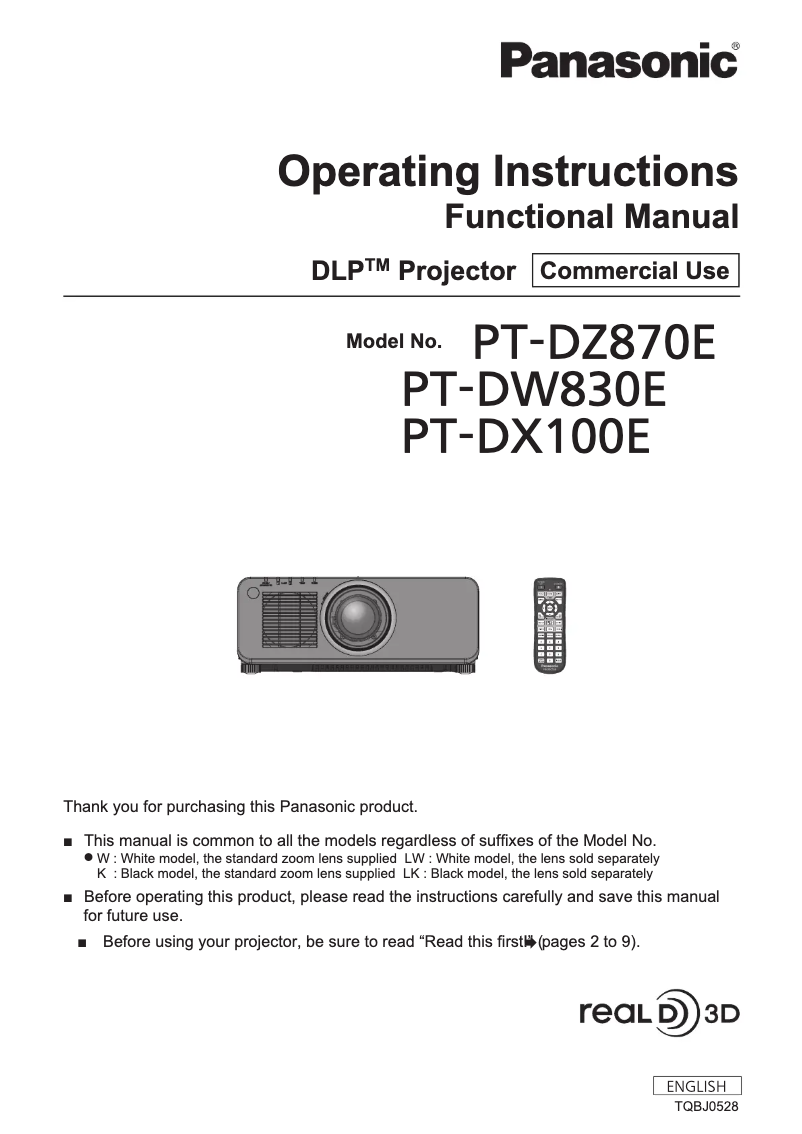 Page 1 de la notice Manuel utilisateur Panasonic PT-DX100EKJ