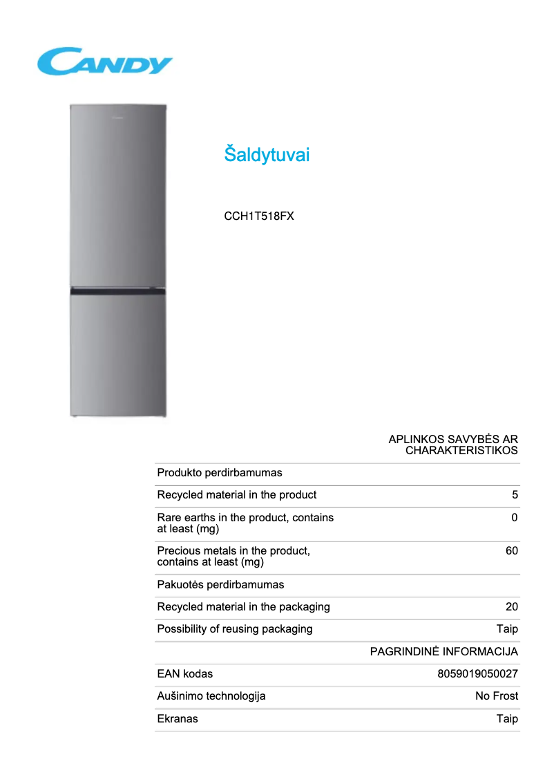 Page 1 de la notice Fiche technique Candy CCH1T518FX