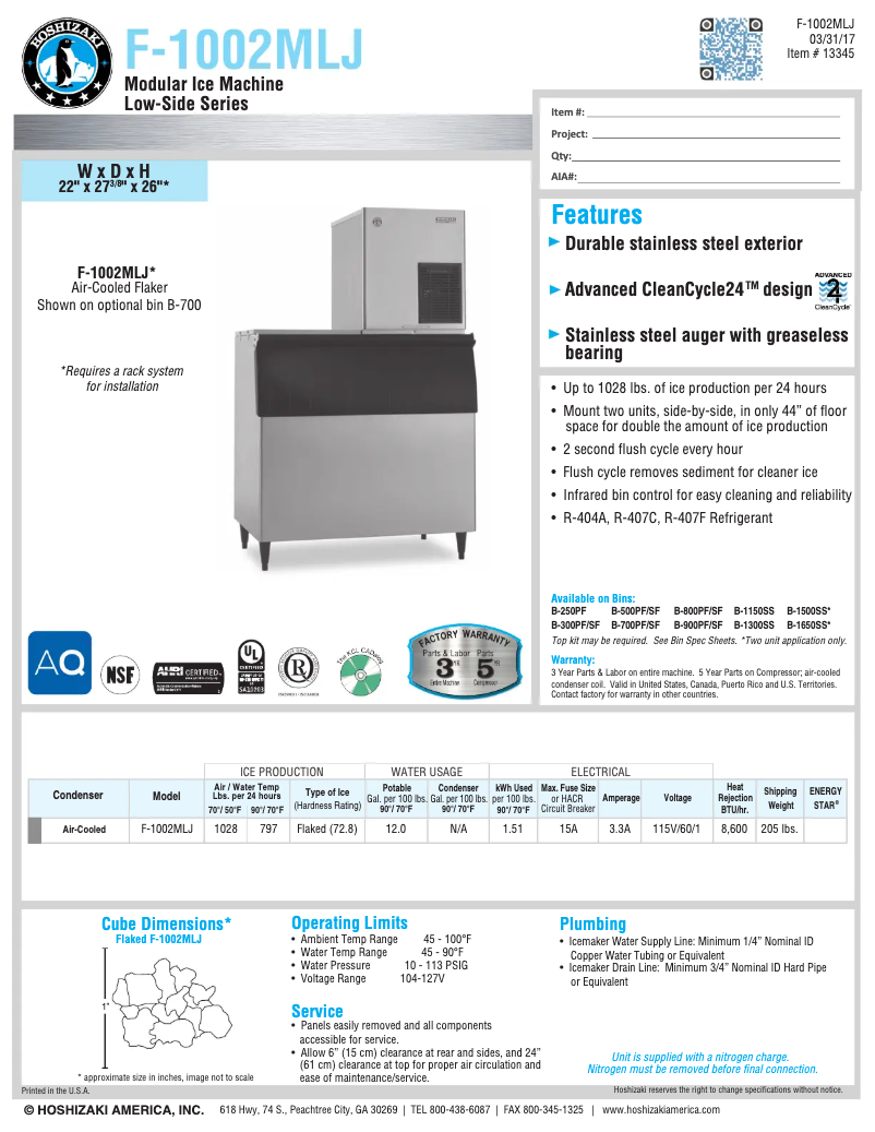 Page 1 de la notice Fiche technique Hoshizaki F-1002MLJ