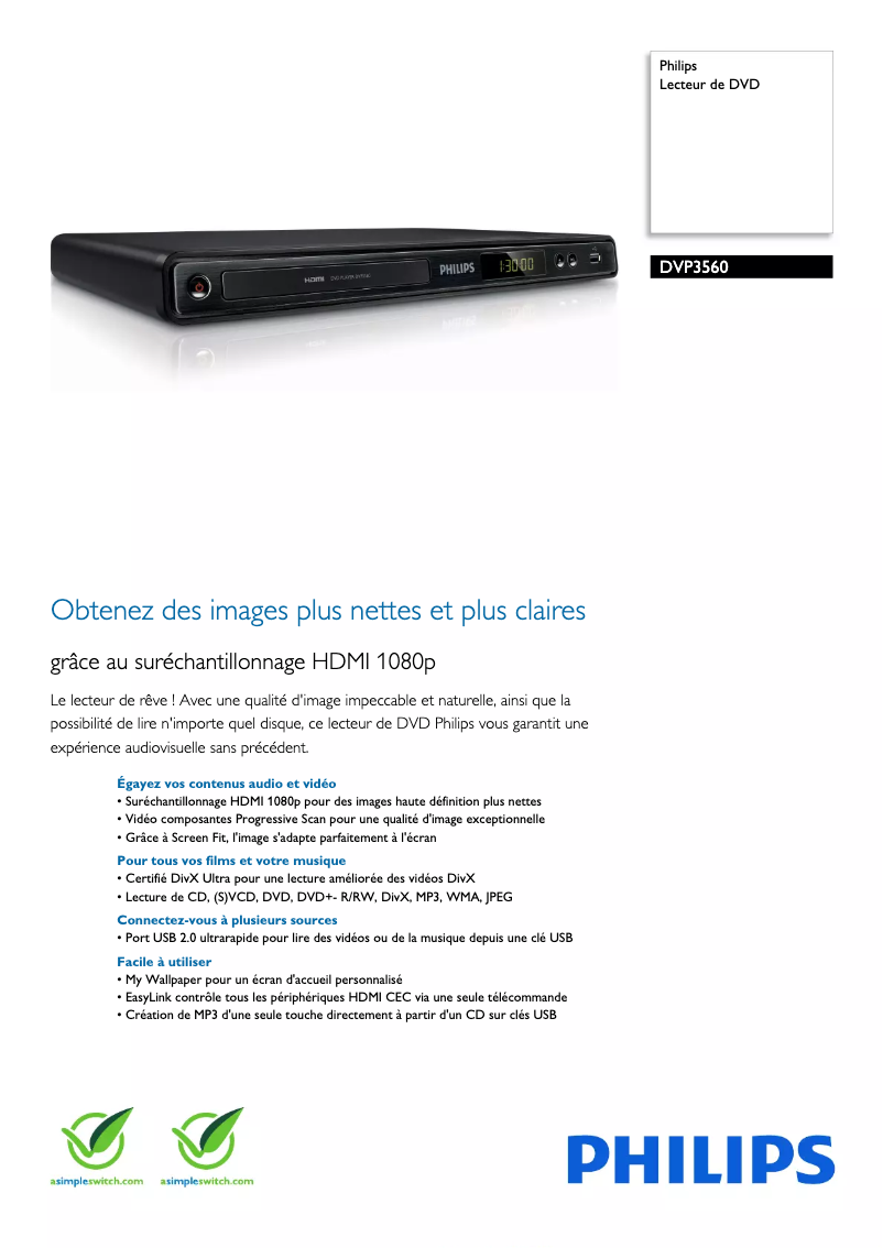 Page 1 de la notice Fiche technique Philips DVP3560