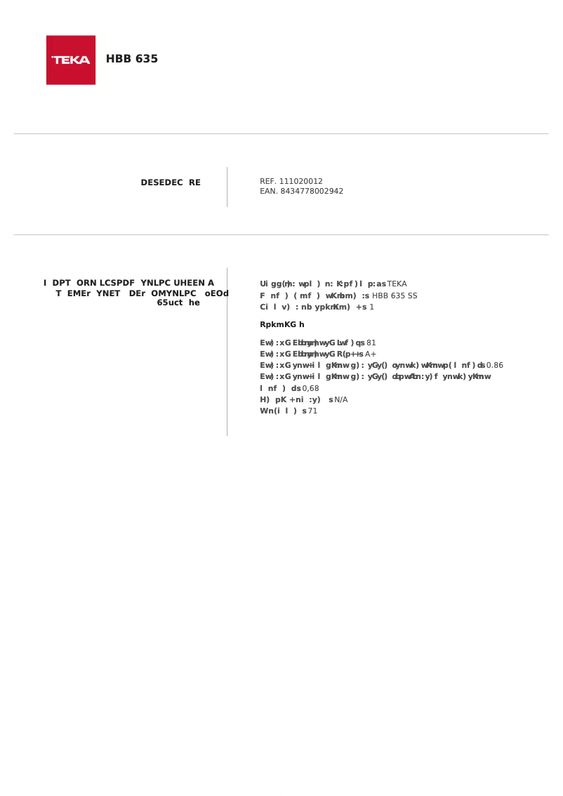 Page n°1 - Fiche technique Teka HBB 635