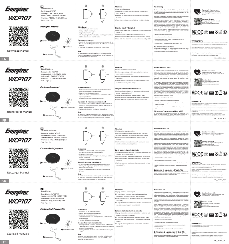 Page 1 de la notice Manuel utilisateur Energizer WCP107
