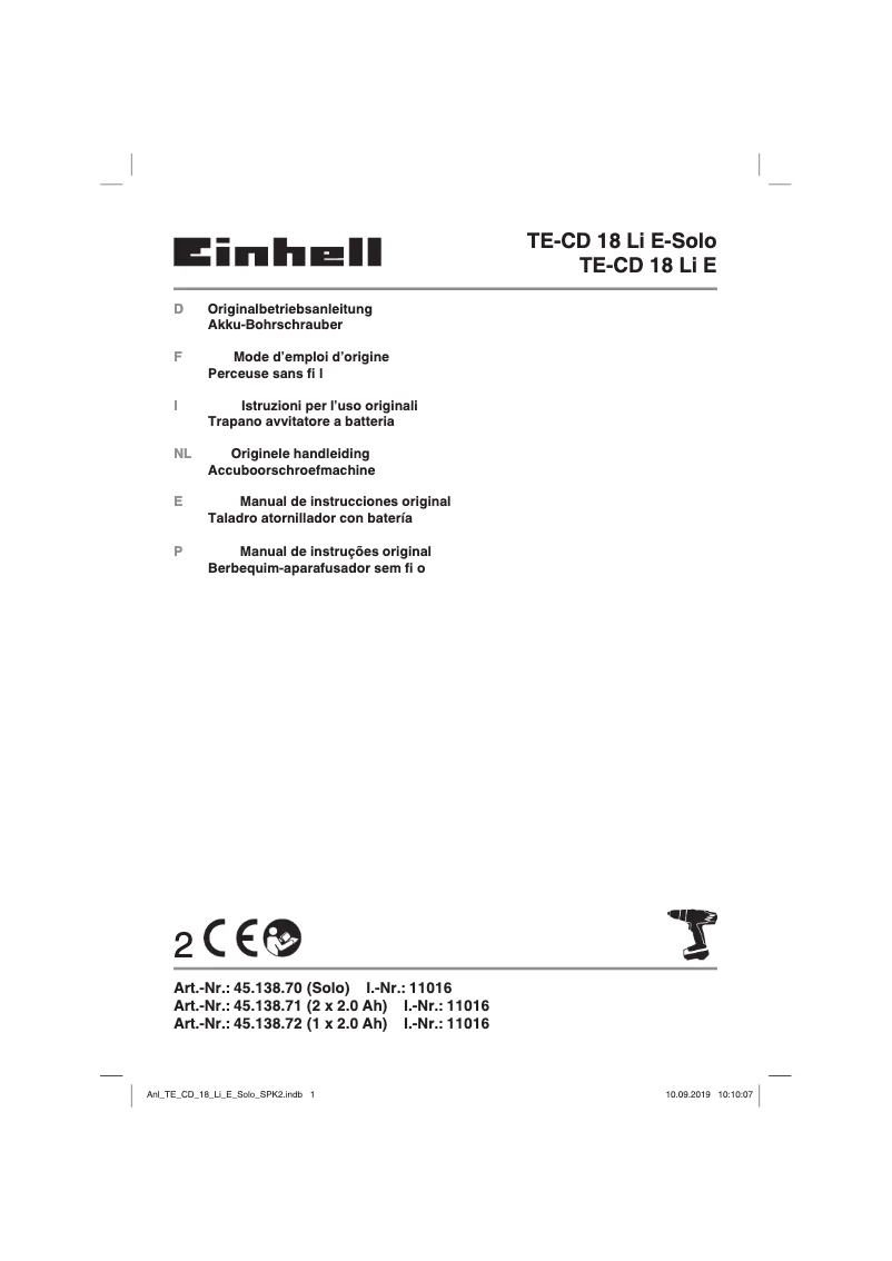 Page n°1 - Manuel utilisateur Einhell TE-CD 18 LI E