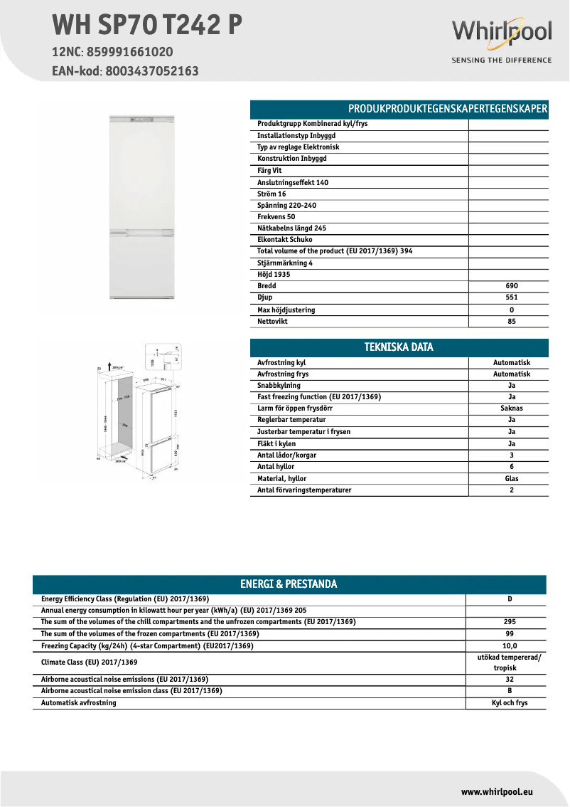 Page 1 de la notice Fiche technique Whirlpool WH SP70 T242 P