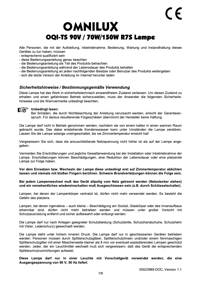 Page 1 de la notice Manuel utilisateur Omnilux OQI-TS 70W