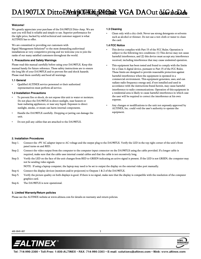 Page 1 de la notice Manuel utilisateur Altinex Ditto-Amp DA1907LX