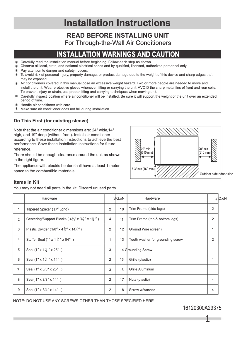 Page 1 de la notice Guide d'installation Frigidaire FHTE103WA2
