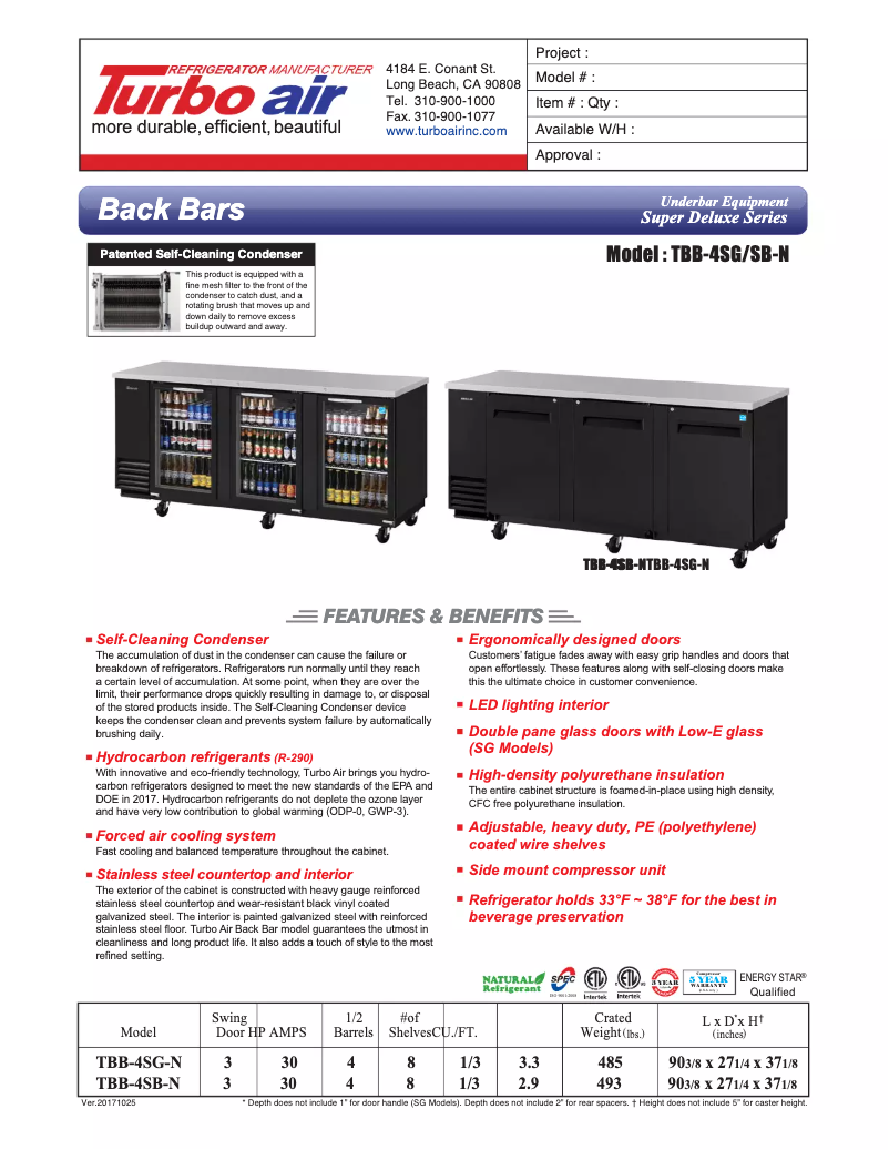 Página 1 del manual Ficha técnica Turbo air TBB-4SG