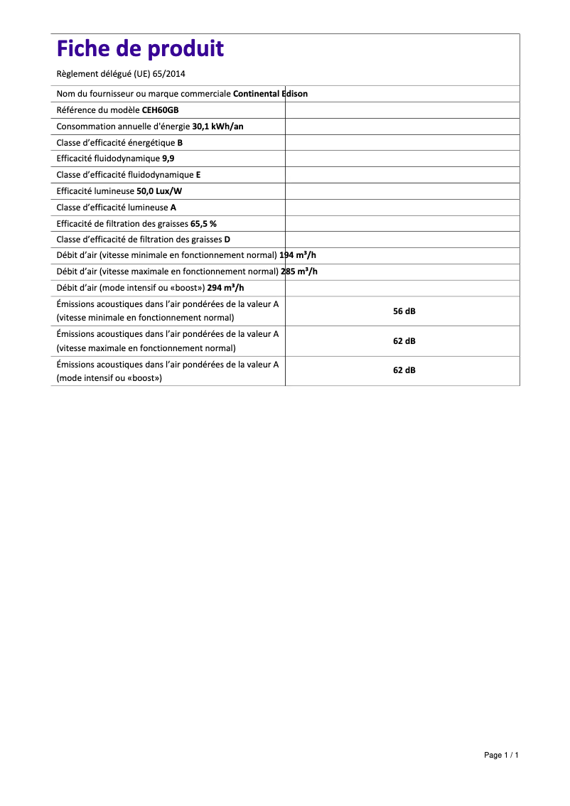 Page n°1 - Label énergétique Continental Edison CEH60GS