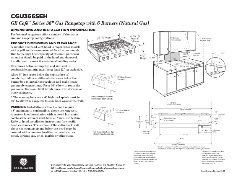 Page 1 of the manual Technical Sheet GE Café CGU366SEHSS