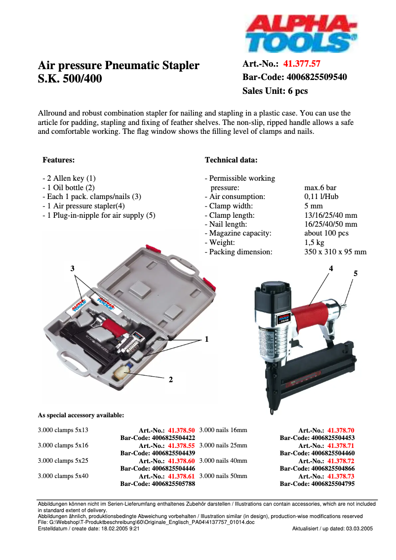 Page n°1 - Fiche technique Alpha Tools S.K. 500/400