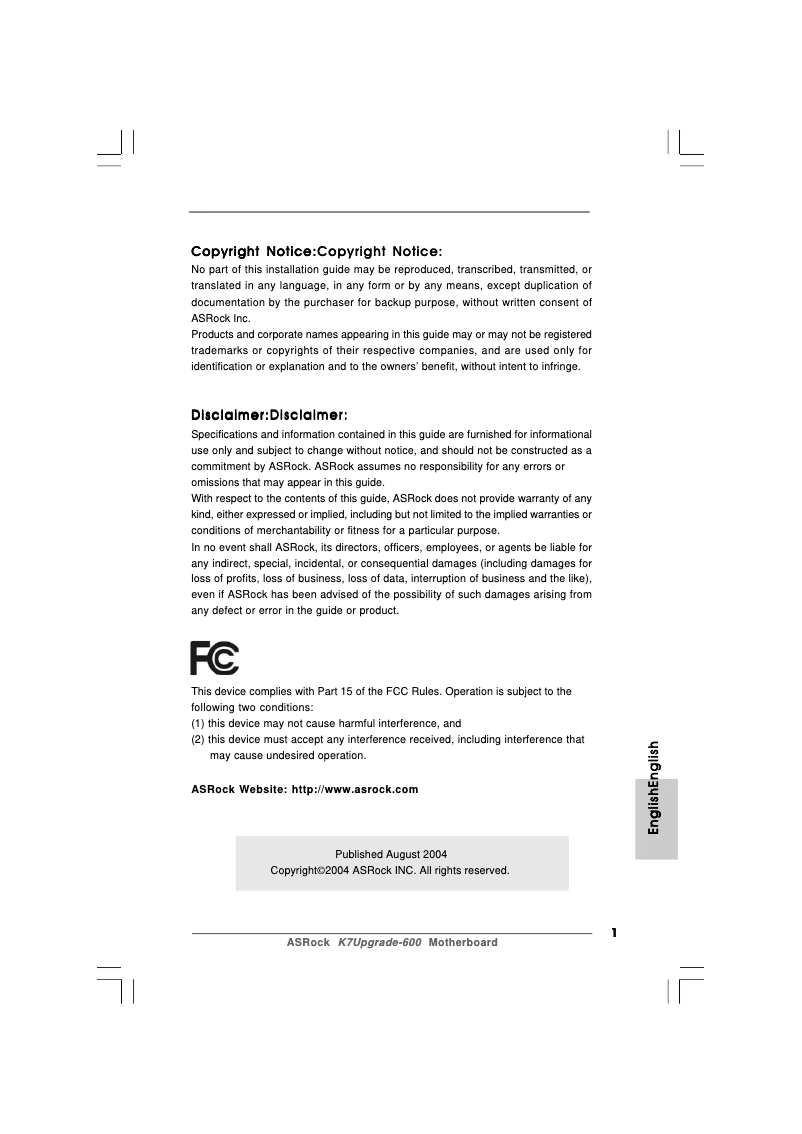 Page n°1 - Manuel utilisateur Asrock K7Upgrade-600