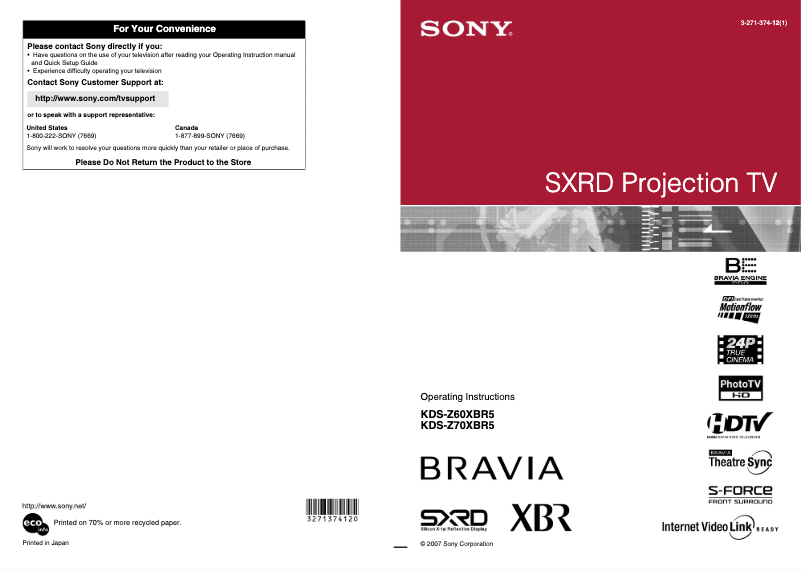 Image de la première page du manuel de l'appareil Bravia KDS-Z70XBR5
