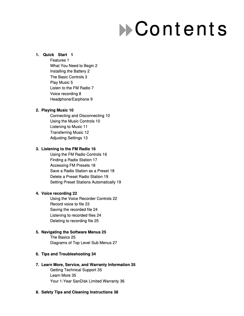 Page 1 of the manual User Manual Sandisk Sansa M260
