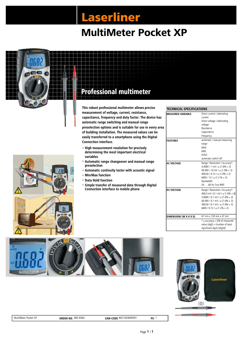 Page 1 de la notice Fiche technique Laserliner MultiMeter Pocket XP