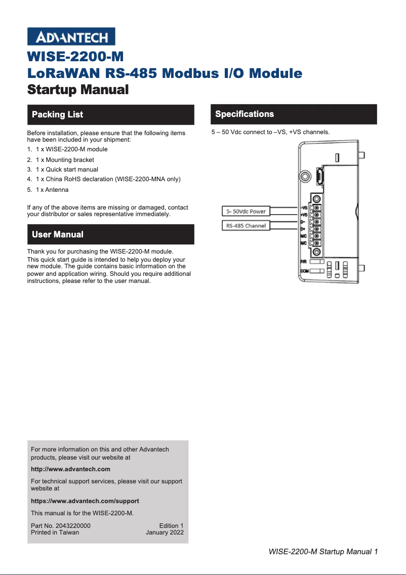 Page n°1 - Manuel utilisateur Advantech WISE-2200-MNA