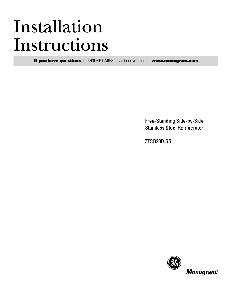 Page 1 de la notice Guide d'installation GE ZFSB23DRSS