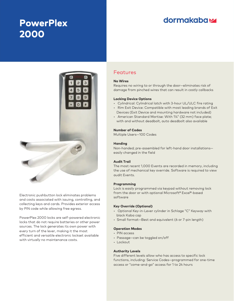 Page n°1 - Fiche technique Dormakaba PowerPlex 2000