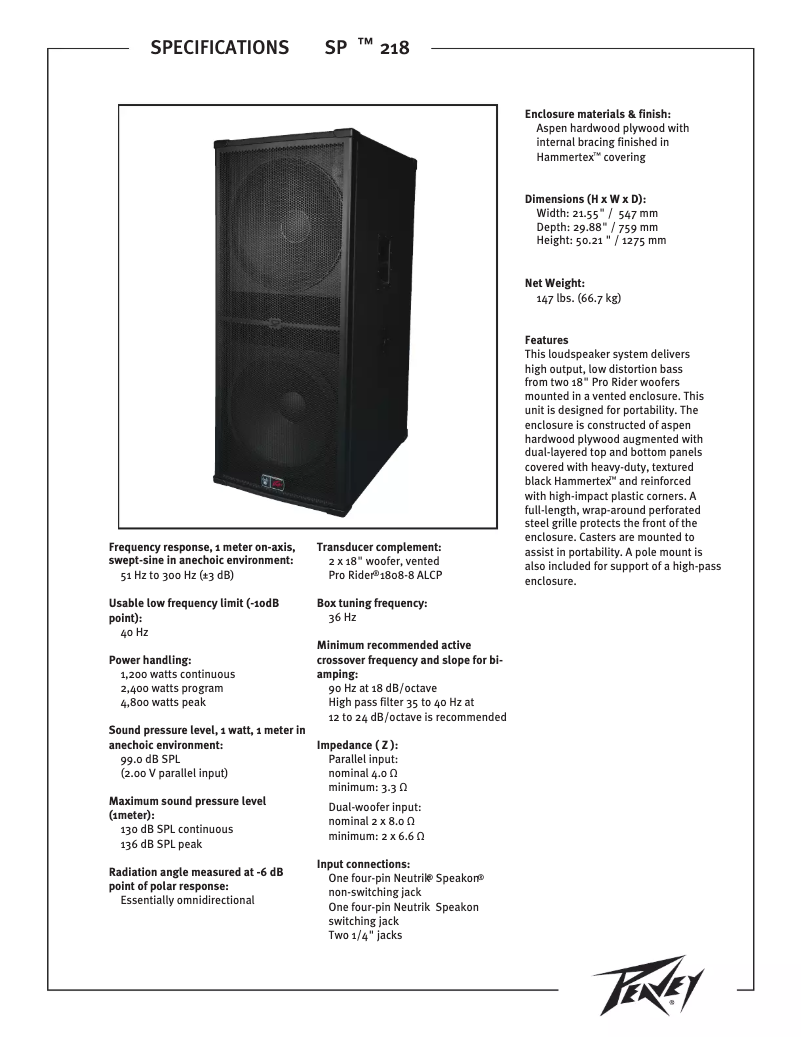 Página 1 del manual Ficha técnica Peavey SP 218