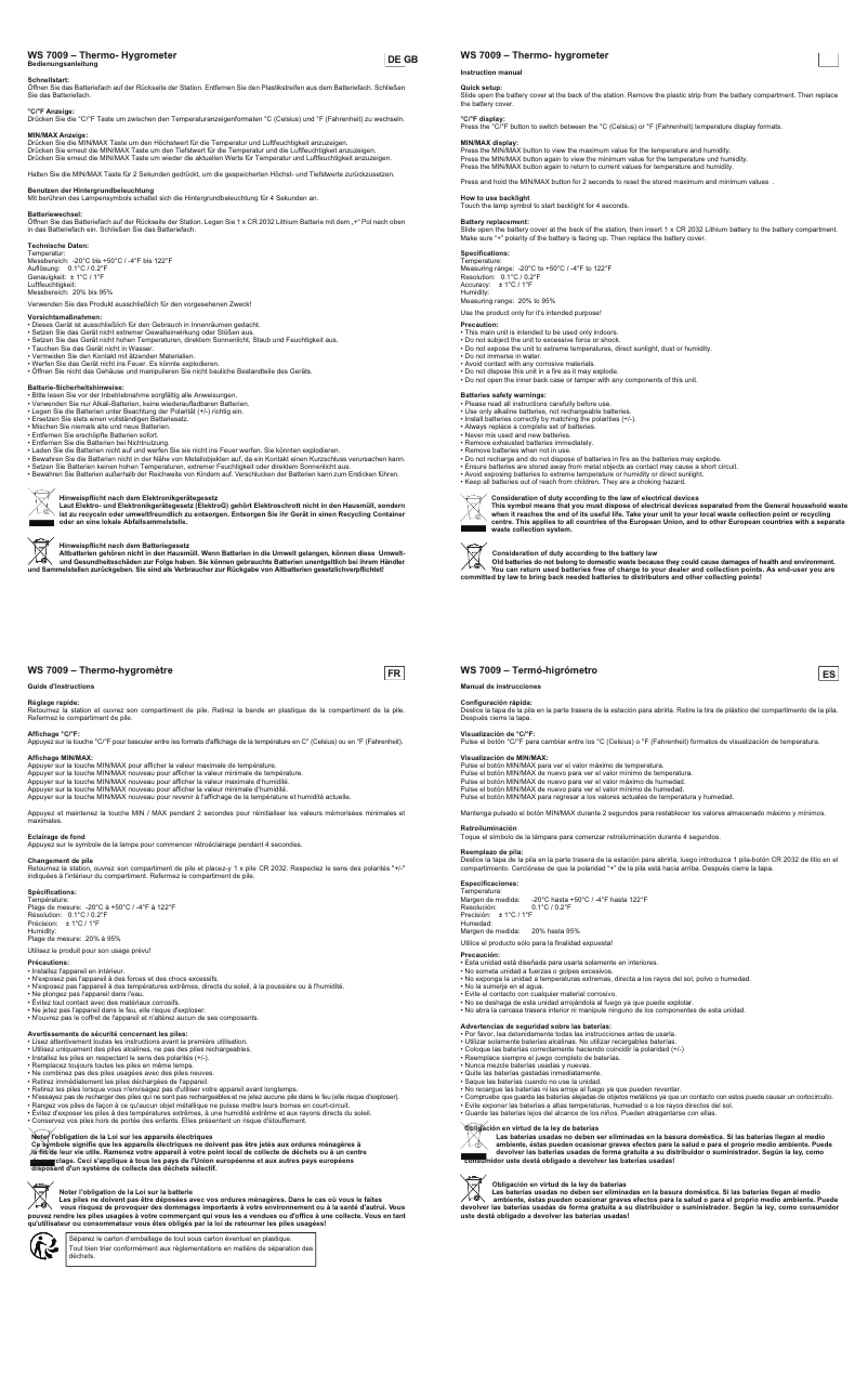 Page 1 de la notice Manuel utilisateur Techno Line WS7009
