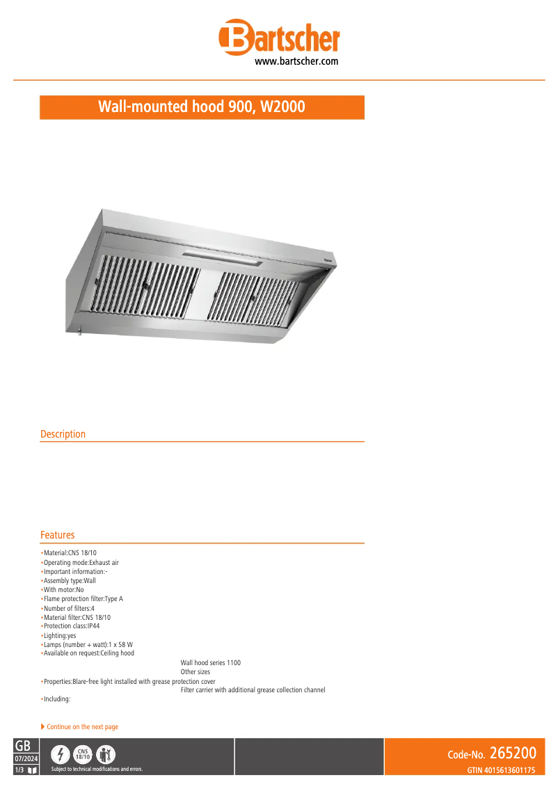 Page 1 de la notice Fiche technique Bartscher 265200