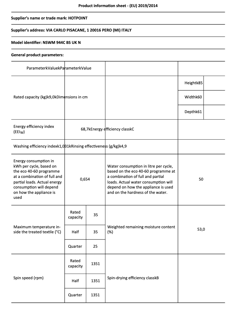 Page n°1 - Fiche technique Hotpoint NSWM 944C BS UK N