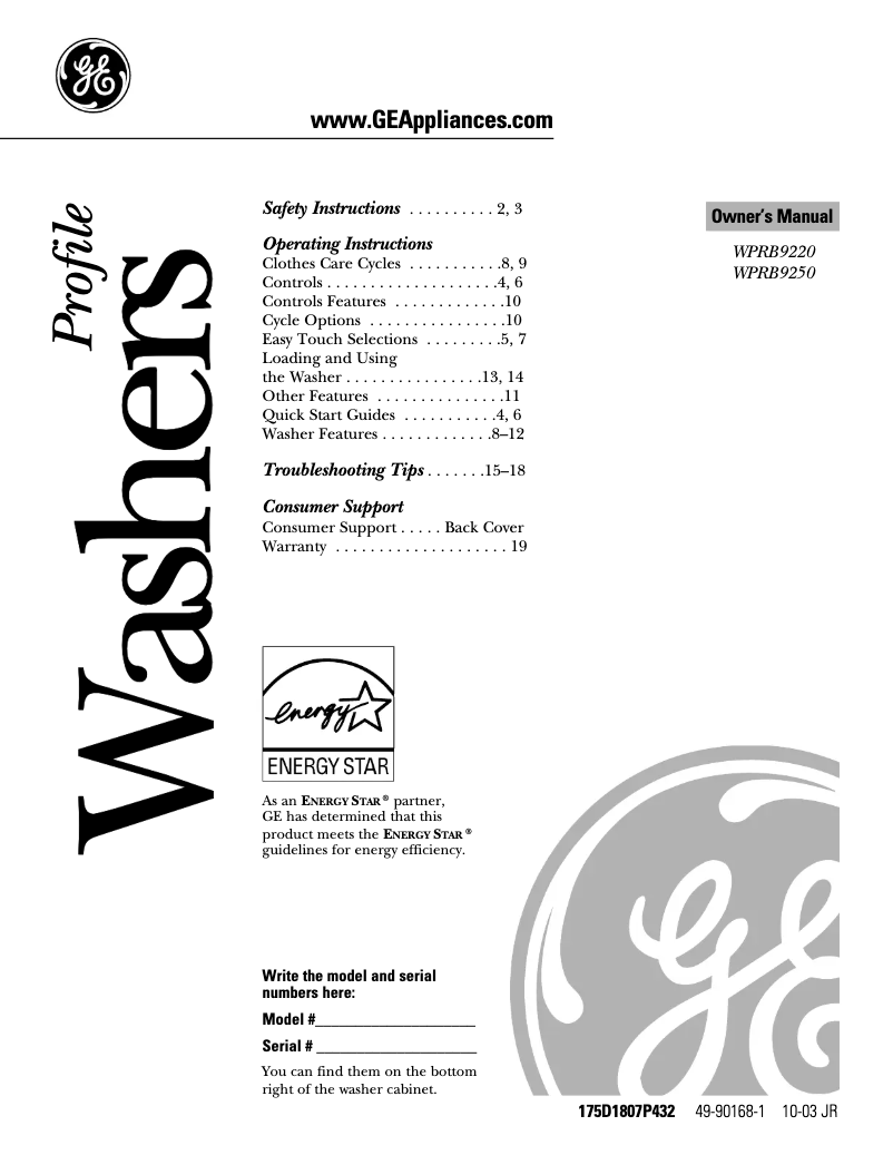 Image de la première page du manuel de l'appareil Profile WPRB9250DWW