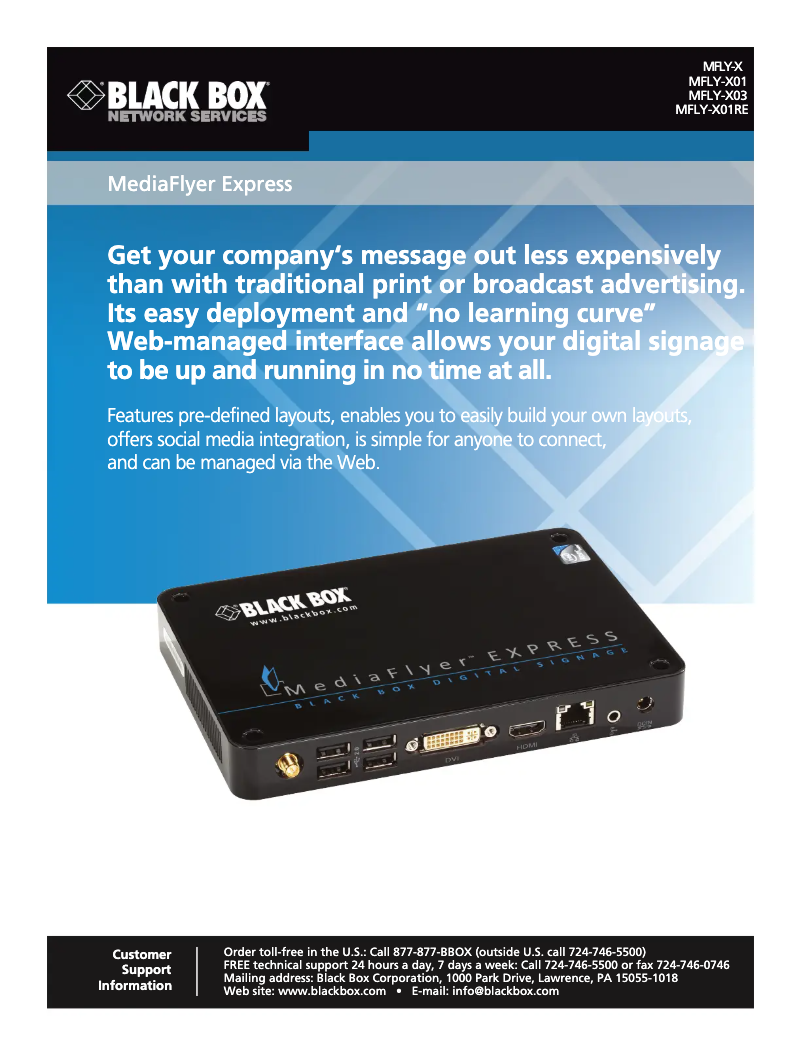 Page 1 de la notice Manuel utilisateur Black Box MediaFlyer Express MFLY-X01