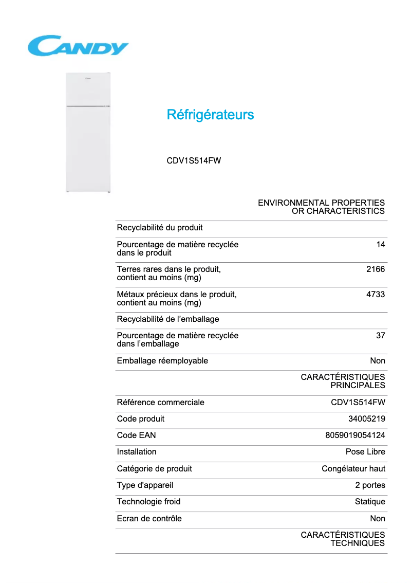 Page 1 de la notice Fiche technique Candy CDV1S514FW