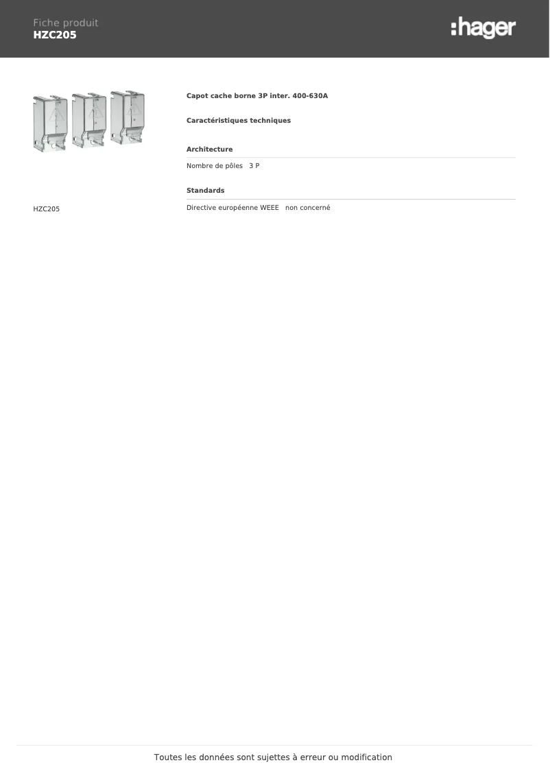 Page n°1 - Fiche technique Hager HZC205