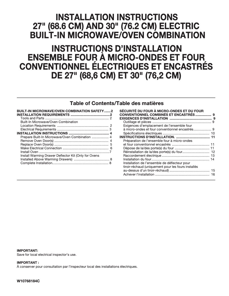 Page 1 de la notice Guide d'installation JennAir JMW2427DS