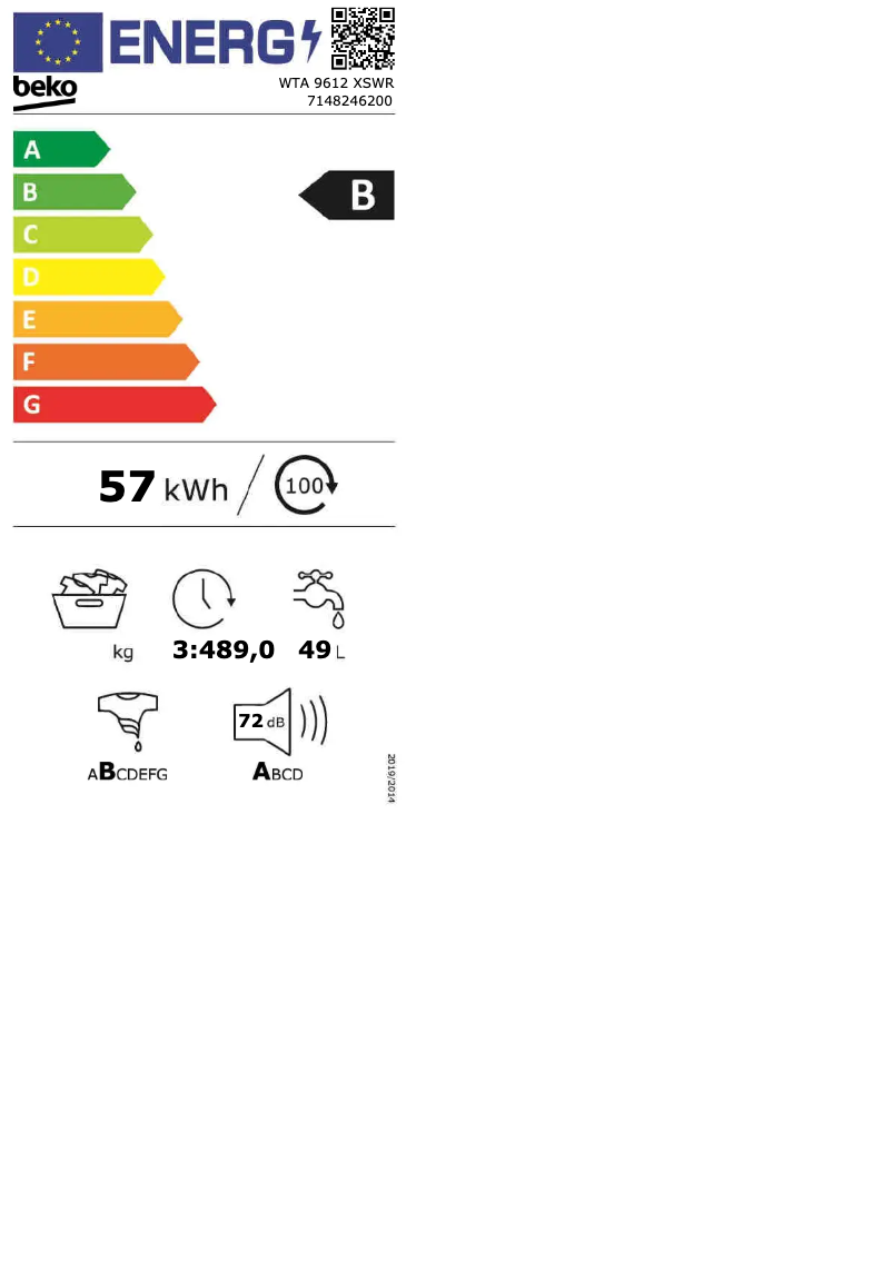 Page 1 de la notice Label énergétique Beko WTA 9612 XSWR
